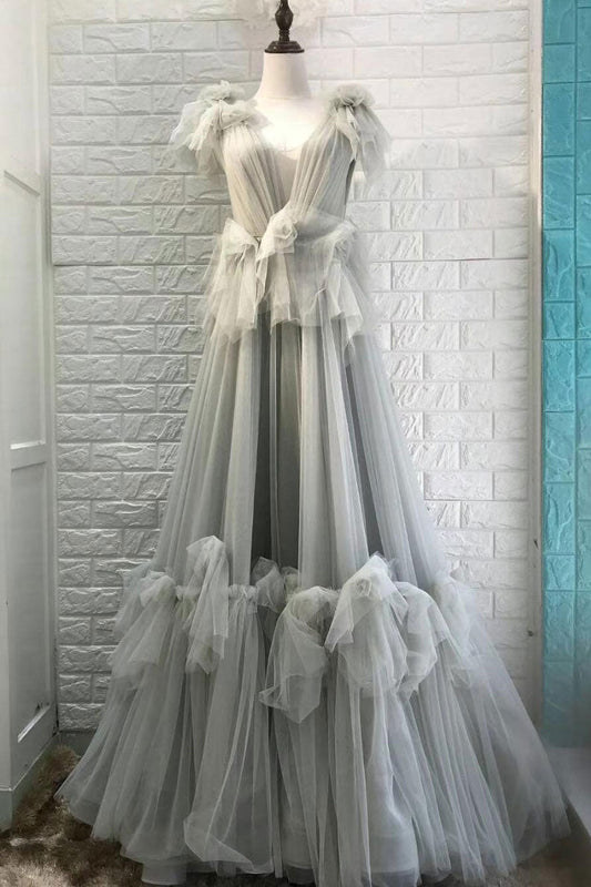 Gray V-Neck Tulle Long Prom Dress Gray Tulle Evening Dress