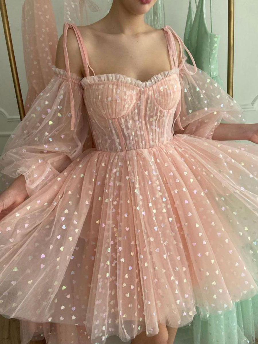 Pink Sweetheart Neck Tulle Short Prom Dress Pink Homecoming Dress