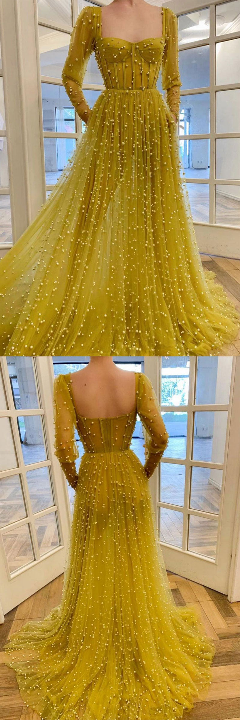 Yellow Tulle Beads Long Prom Dress Tulle Long Formal Dress