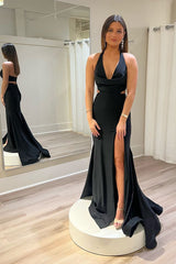 Glamorous Black Halter Cutout Mermaid Long Prom Dresses with Split Design