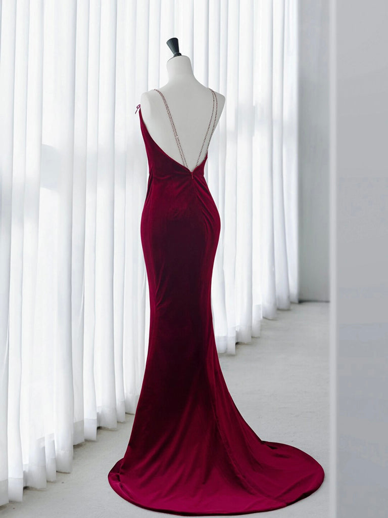 Simple Velvet Mermaid Burgundy Long Prom Dress Burgundy Long Formal Dress