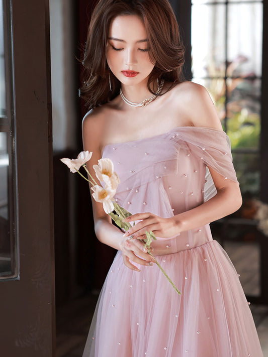 Pink A-Line Tea Length Prom Dress Pink Tulle Formal Evening Gown