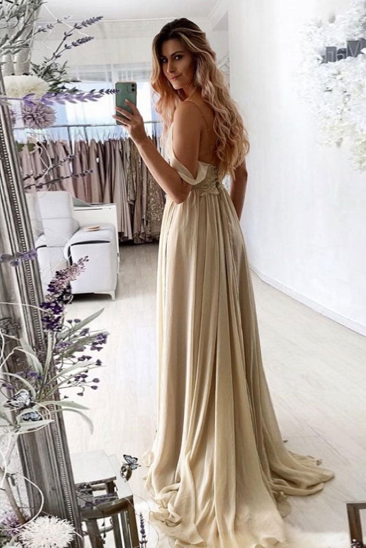 Champagne V-Neck Chiffon Lace Long Prom Dress Lace Formal Dress