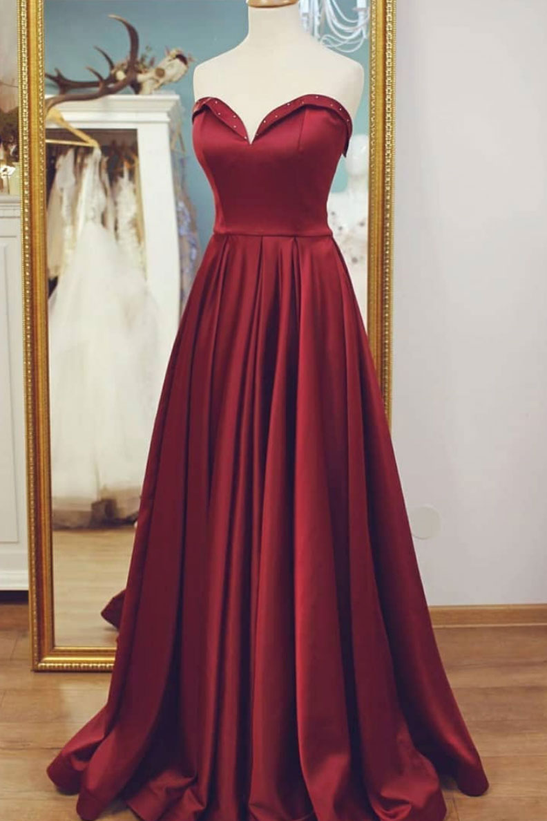 Simple Burgundy Satin Long Prom Dress Burgundy Evening Dress