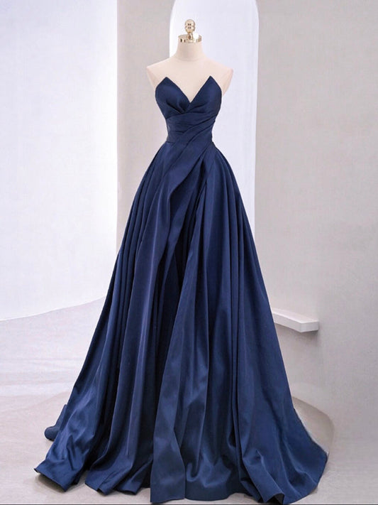 A-Line V-Neck Satin Dark Blue Long Prom Dress Dark Blue Long Evening Dress