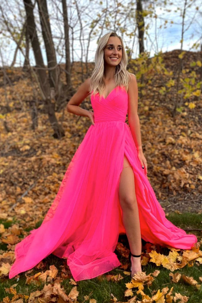 Simple V-Neck Tulle Pink Tulle Formal Dress Pink Tulle Prom Dress