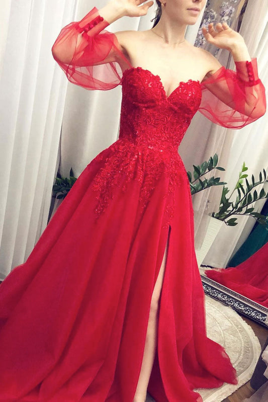 Red Tulle Lace Long Prom Dress Red Tulle Evening Gown