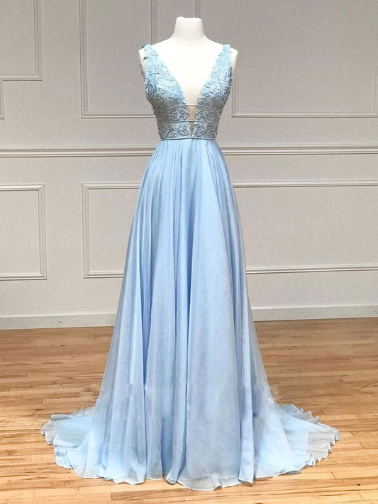 Blue V-Neck Chiffon Lace Long Prom Dress Blue Evening Dress