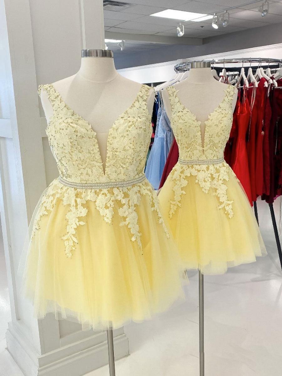 Yellow V-Neck Tulle Lace Short Prom Dress Yellow Homecoming Dress