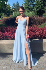 Blue V-Neck Tulle Long Prom Dress Blue Evening Dress