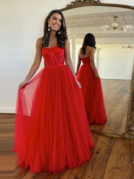 A-Line Lace Tulle Red Long Prom Dress Red Lace Formal Evening Dress