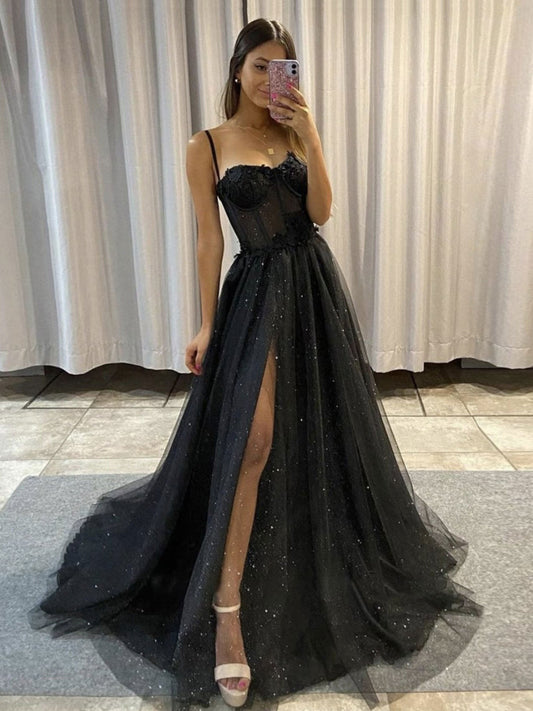 Black Sweetheart Neck Tulle Lace Long Prom Dress Black Evening Gown