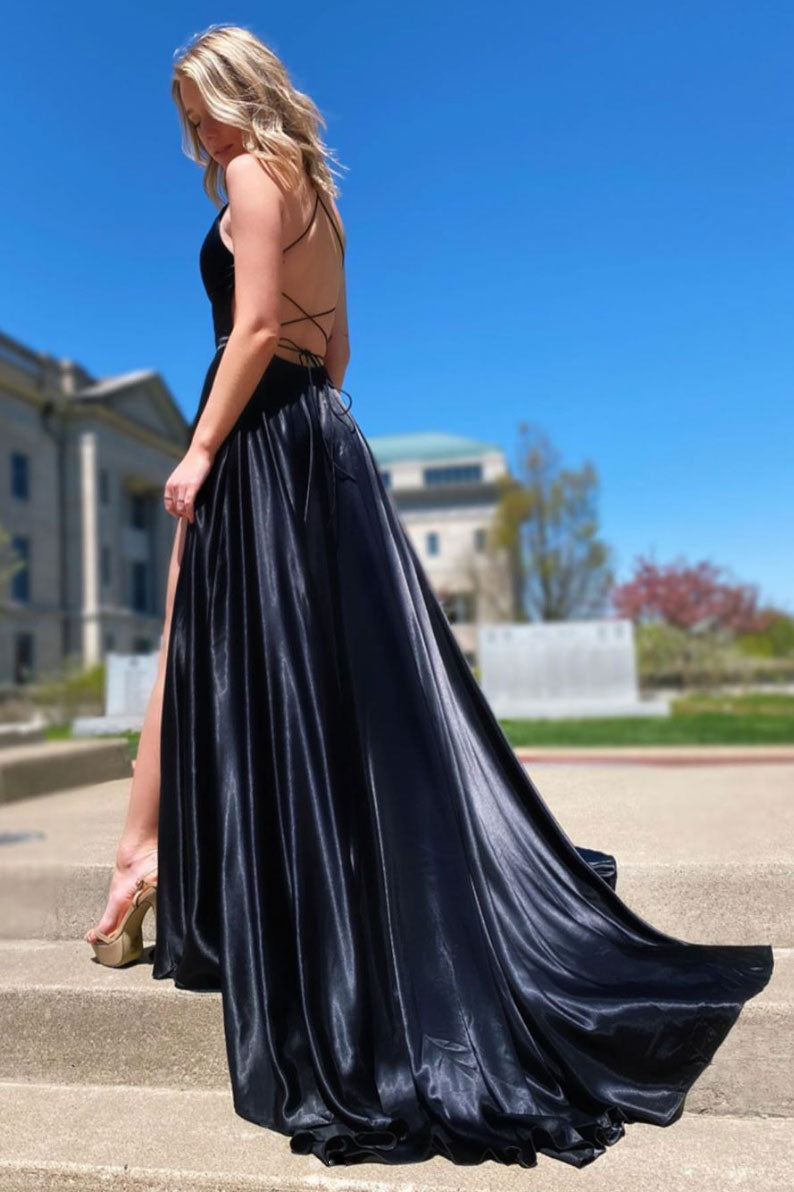 Simple Black V-Neck Evening Dress Black Formal Gown