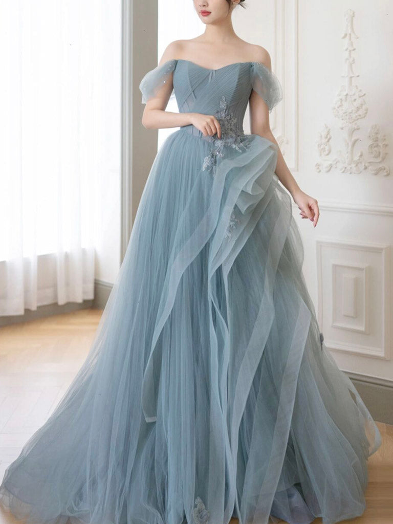 Gray Blue A-Line Lace Long Prom Dress Gray Blue Formal Evening Dress