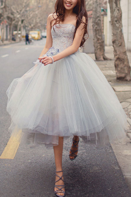 Gray Sweetheart Tulle Lace Short Prom Gown Gray Lace Cocktail Dress