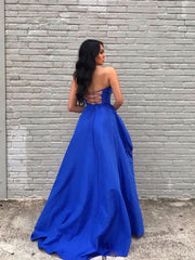 Simple Blue Satin Long Prom Dress Blue Evening Gown