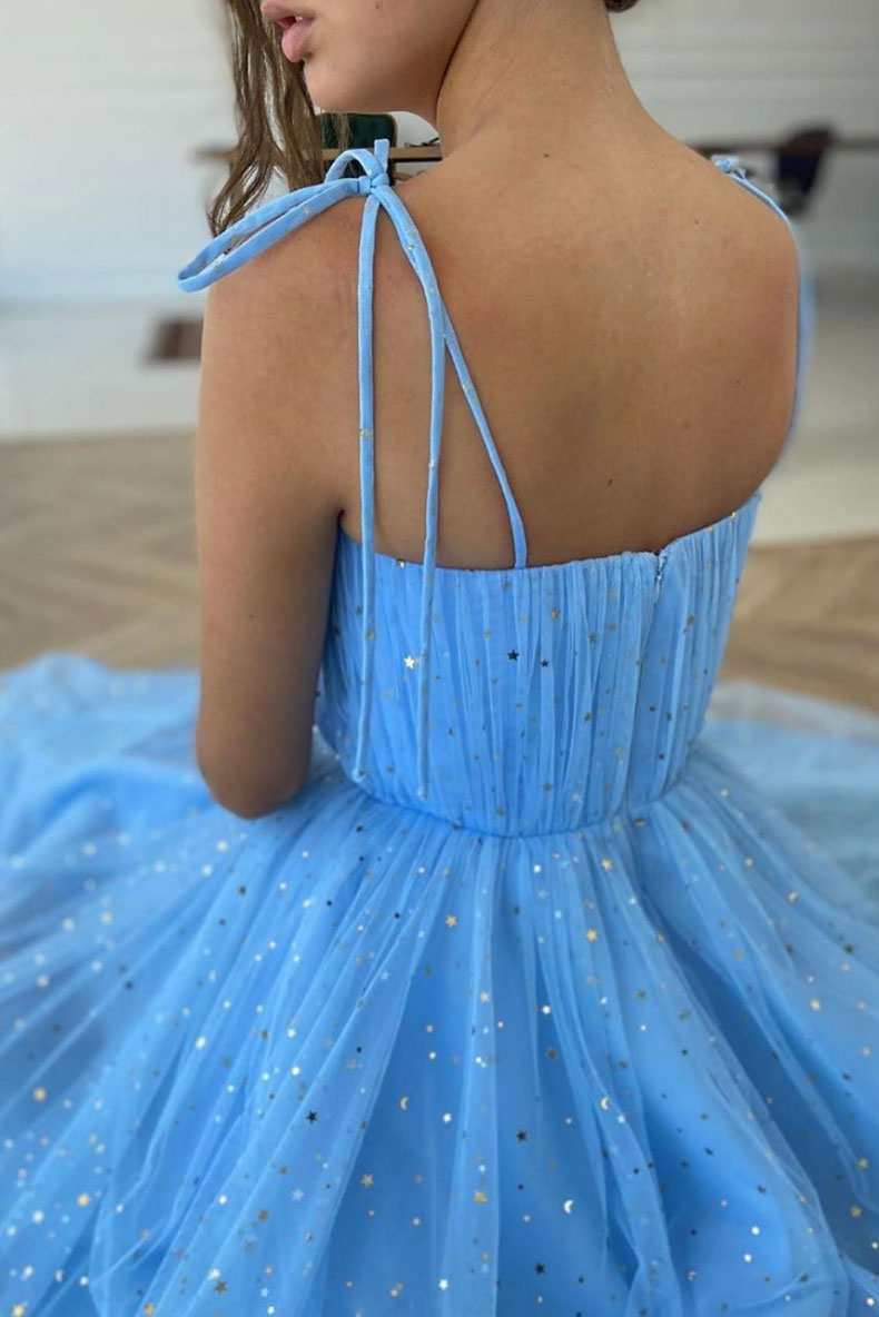 Blue Sweetheart Tulle Tea-Length Prom Dress Blue Tulle Formal Dress