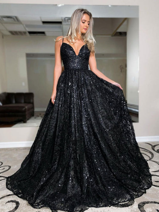 Black Tulle Sequin Long Prom Dress Black Evening Gown