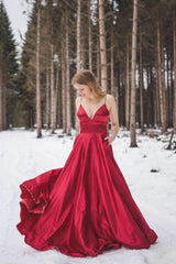 Red V-Neck Satin Long Prom Dress Red Bridesmaid Gown