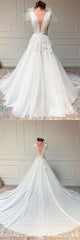 White V-Neck Tulle Lace Long Prom Dress White Tulle Wedding Dress