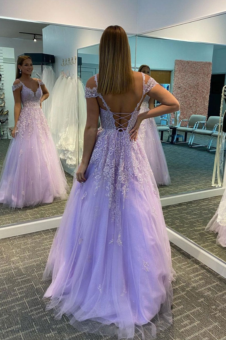 Purple Tulle Long Prom Dress Purple Lace Long Evening Gown