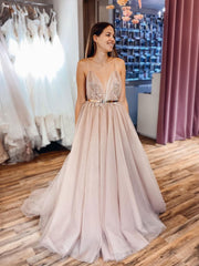 Champagne V-Neck Tulle Lace Long Prom Dress Tulle Formal Dress