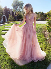 Pink V-Neck Lace Tulle Long Prom Dress Pink Tulle Lace Evening Dress