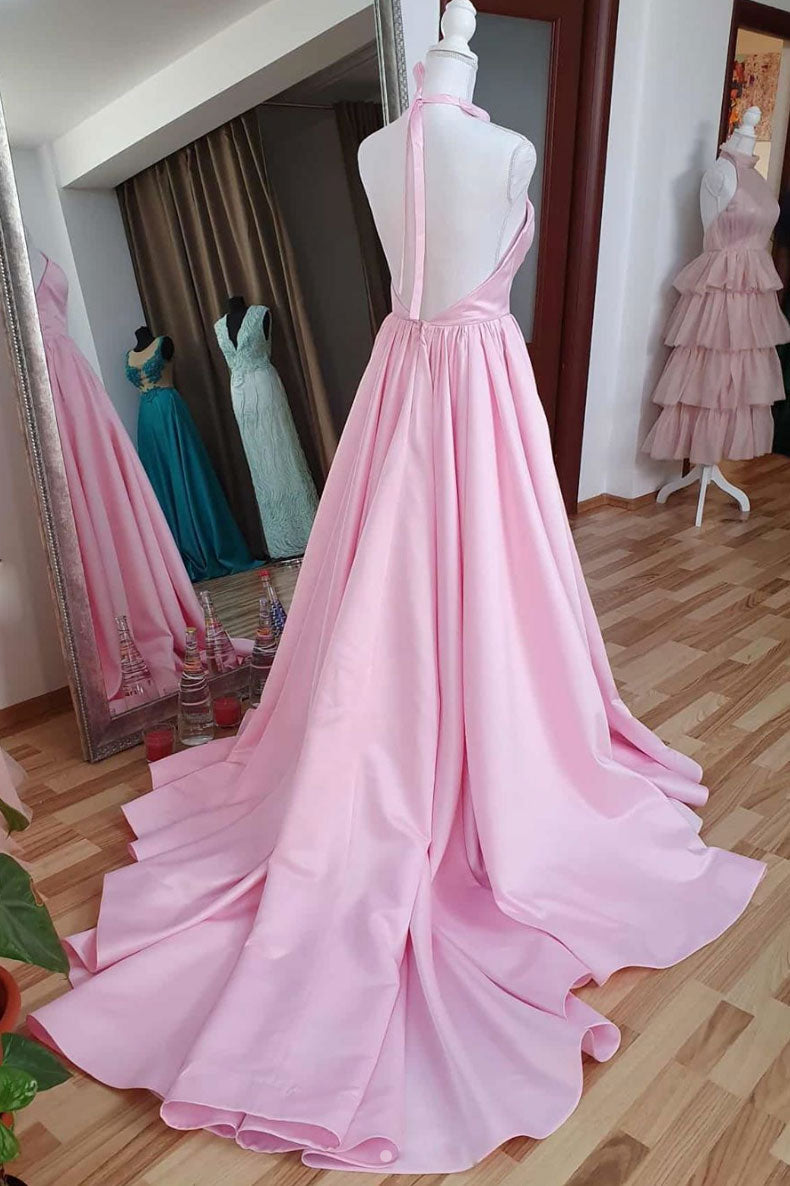 Pink High Neck Satin Long Prom Dress Pink Evening Dress