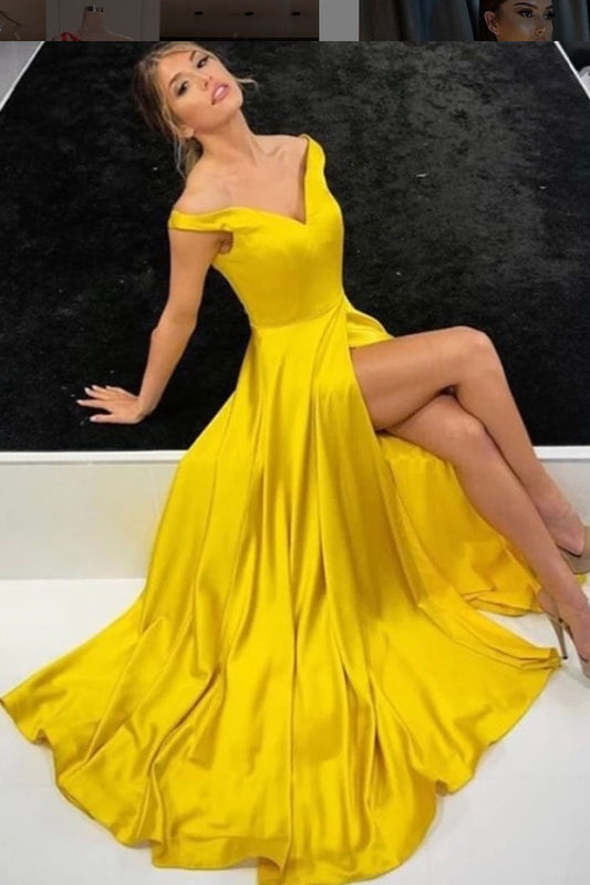 Yellow V-Neck Satin Long Prom Dress Yellow Formal Dress