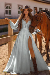 White Long Sleeve Wedding Dress with Lace and Split