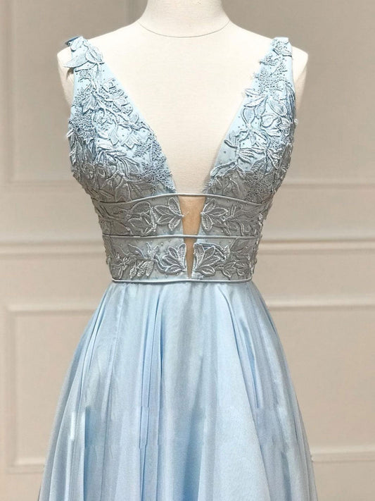 Blue V-Neck Chiffon Lace Long Prom Dress Blue Evening Dress