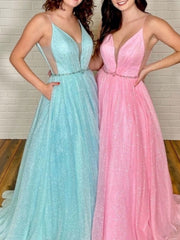 Pink V-Neck Tulle Long Prom Dress Pink Tulle Formal Dress