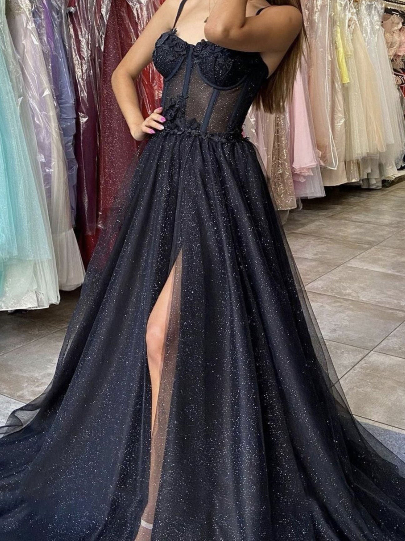 Black Sweetheart Neck Tulle Lace Long Prom Dress Black Evening Gown