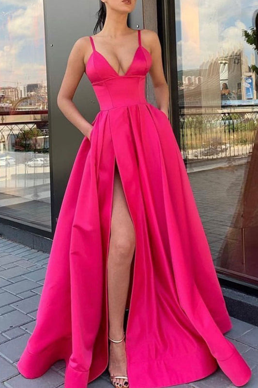 Simple V-Neck Satin Long Prom Dress Satin Evening Gown