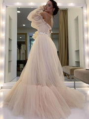 Champagne Tulle Lace Long Prom Dress Champagne Evening Dress