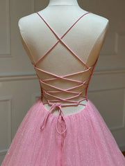 Pink A-Line V-Neck Tulle Long Prom Dress Pink Evening Dress