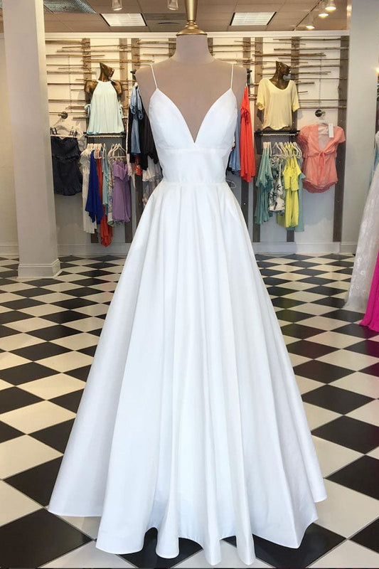 White V-Neck Satin Long Prom Dress White Evening Dress