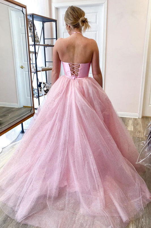 Pink Two-Pieces Satin Long Prom Dress Pink Evening Dress