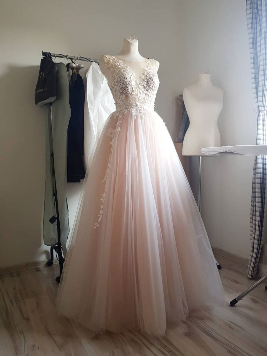 Light Pink Tulle Lace Long Prom Dress Pink Tulle Formal Dress