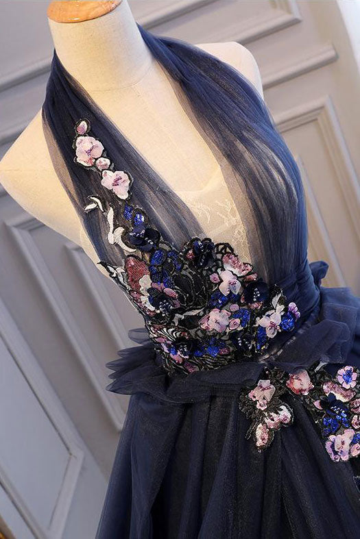 Blue Tulle Lace Long Prom Dress Blue Tulle Lace Evening Dress