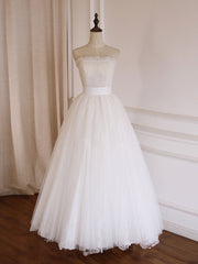 White A-Line Tulle Lace Long Prom Dress White Formal Dress