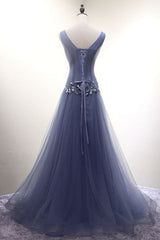 Unique V-Neck Tulle Beaded Long Prom Dress Tulle Evening Dress