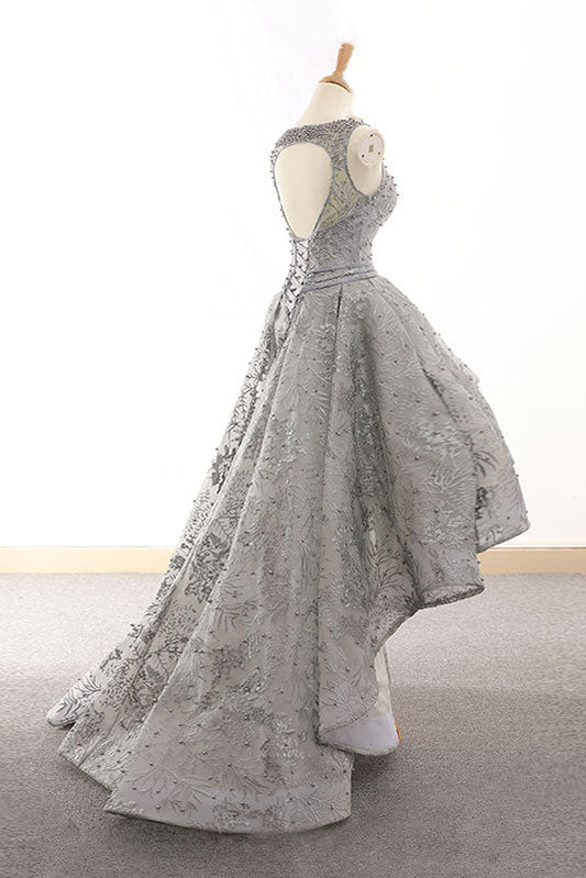 Gray Tulle Lace High-Low Prom Dress Lace Homecoming Dress