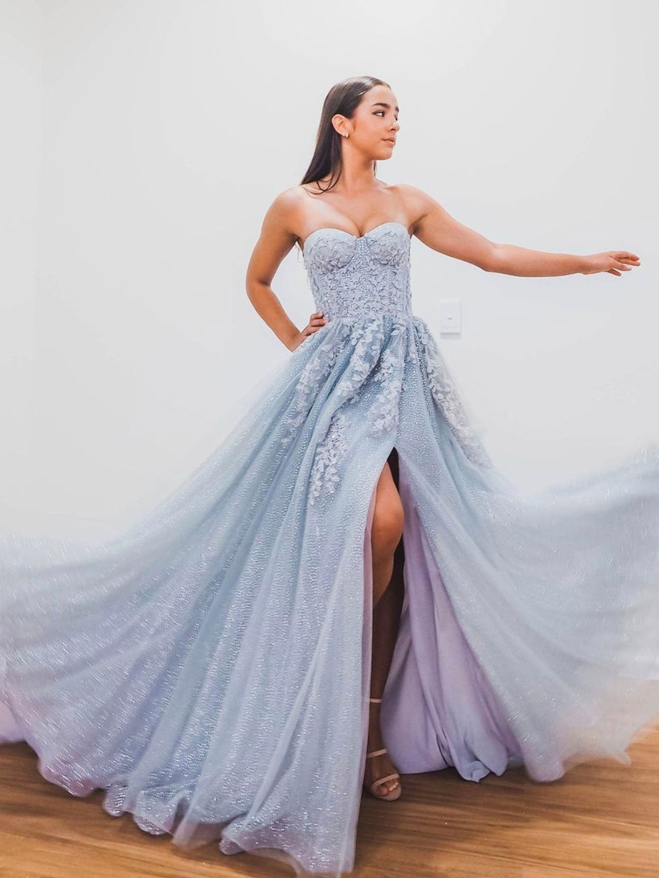 Gray Blue Tulle Sequin Long Prom Dress Gray Blue Tulle Evening Dress