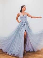 Gray Blue Tulle Sequin Long Prom Dress Gray Blue Tulle Evening Dress