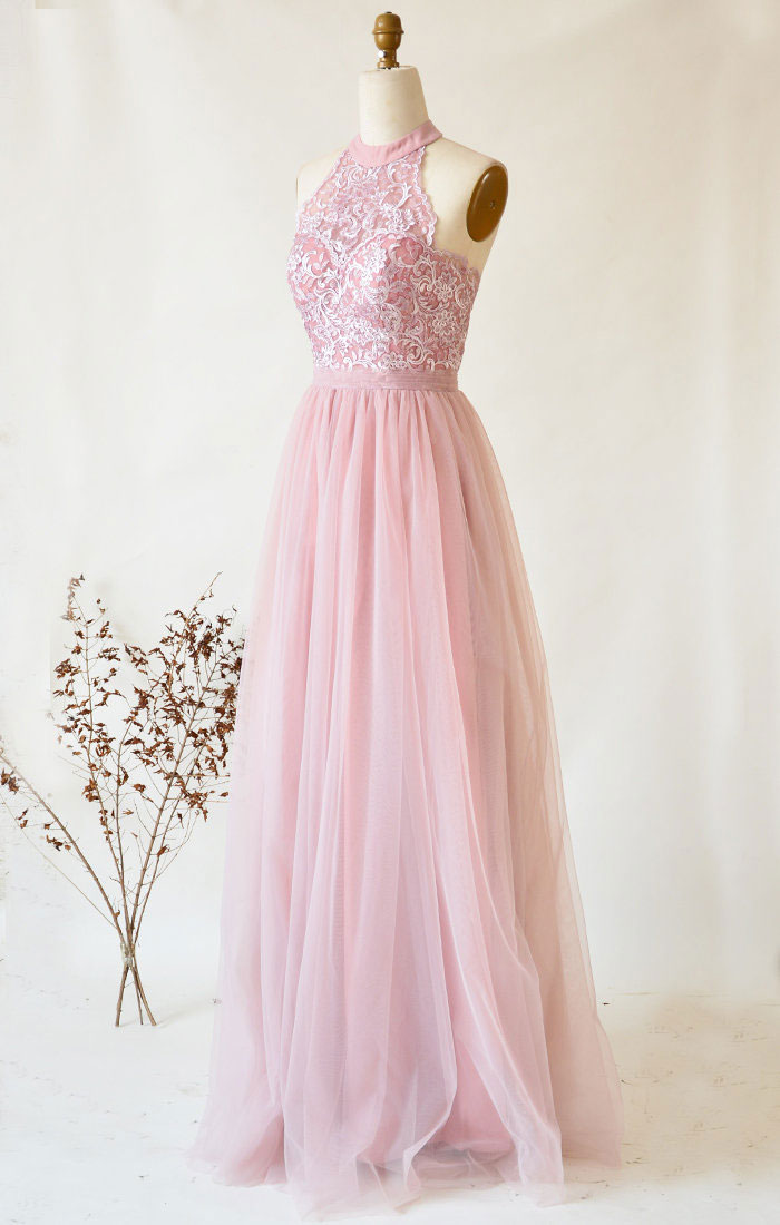 Pink Tulle Lace Long Prom Dress Pink Tulle Lace Evening Dress