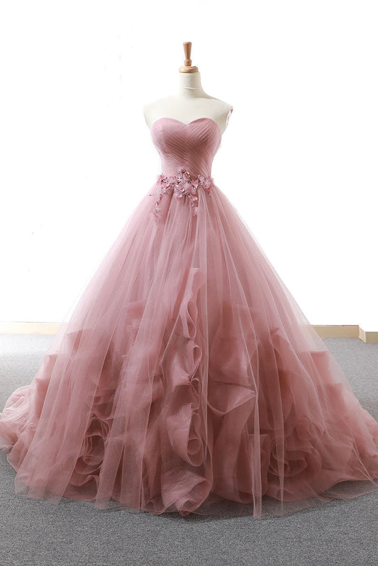 Pink Sweetheart Tulle Long Prom Gown Tulle Evening Dress