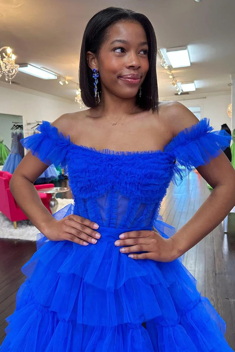 Adalynn Dressystars  Royal Blue Off the Shoulder Ruffle Tiered Tulle Material Long Prom Dresses with Split Design