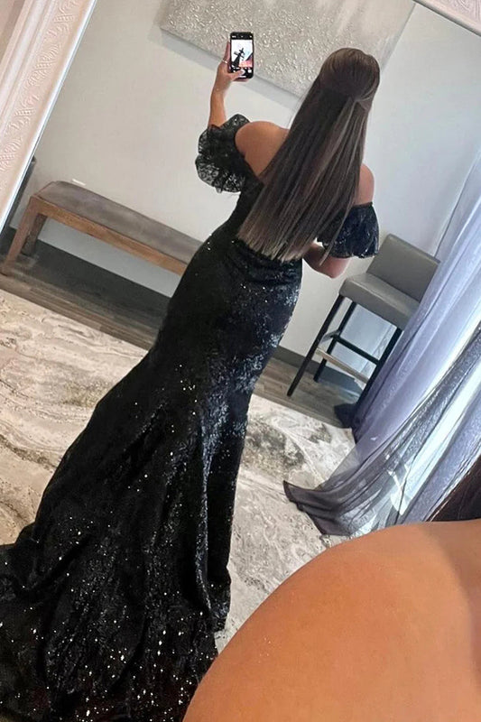 Sparkly Black Sequin Off the Shoulder Long Prom Dress