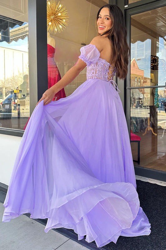 Lilac Corset A-Line Sweetheart Long Chiffon Prom Dress with Slit